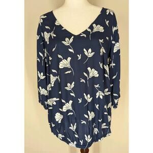 Juna Rose Blouse 3/4 Sleeve Navy White Floral Sheer Women's Size 14